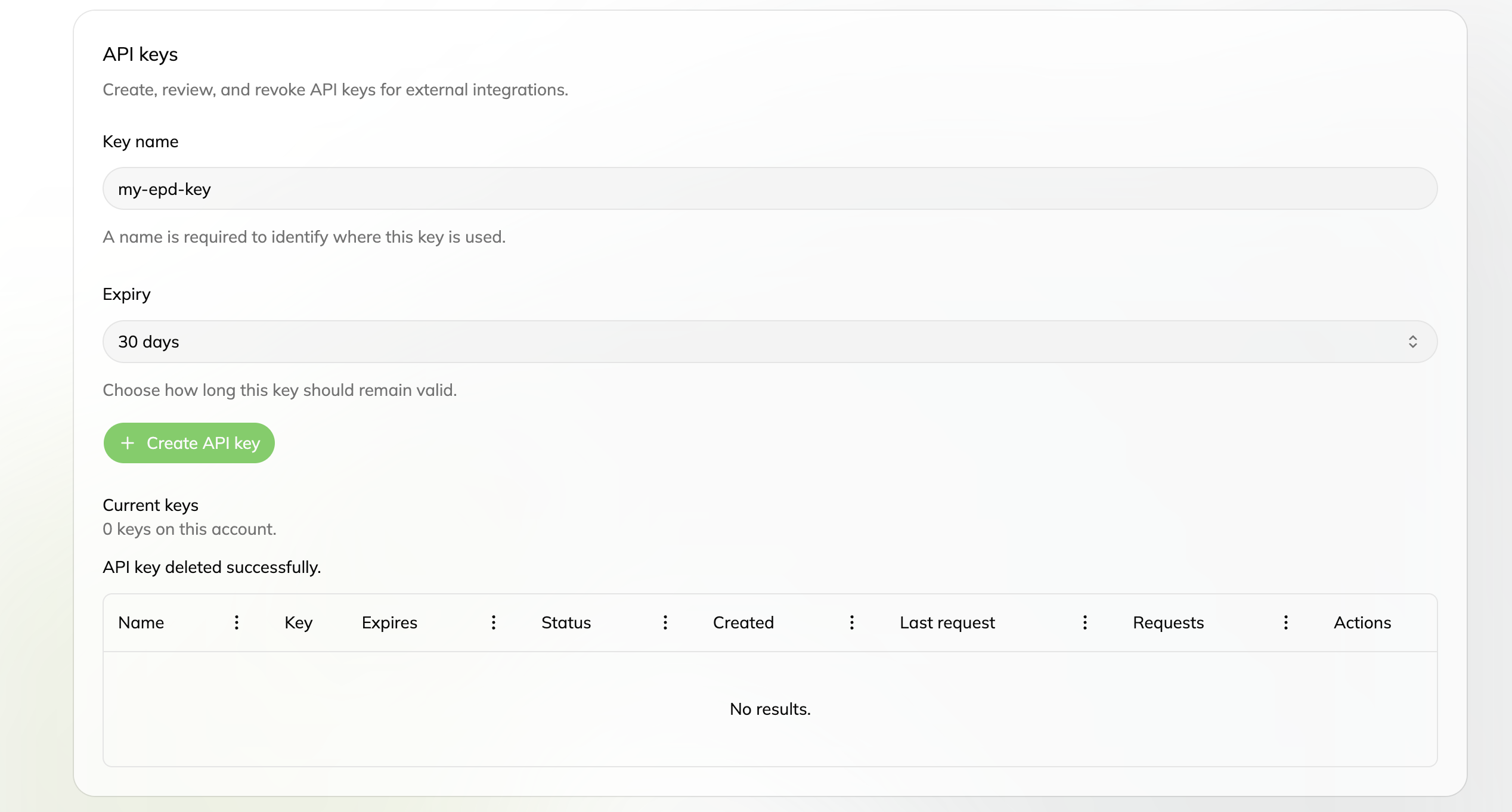 The Profile → API Keys page in the ECO Portal: a Key name input filled with my-epd-key, an Expiry dropdown set to 30 days, a green Create API key button, and a table of current keys below.